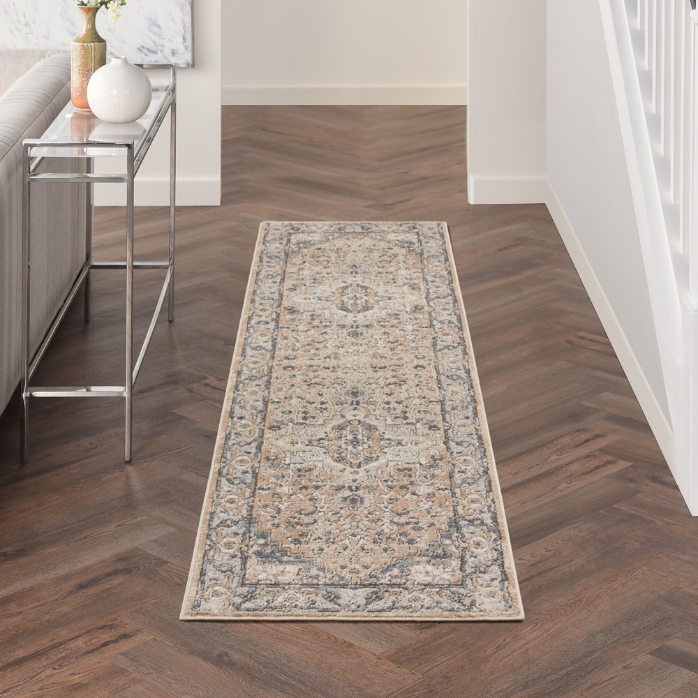 Quarry QUA05 Traditional Distressed Runner Rugs in Beige Grey by Nourison